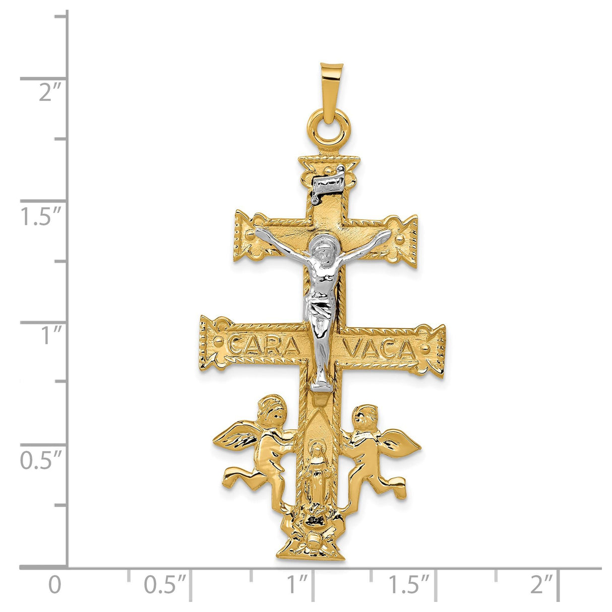 14k Multi-Tone Gold Caravaca Cross Pendant with Mary, Angels, and Fleur-de-Lis Design