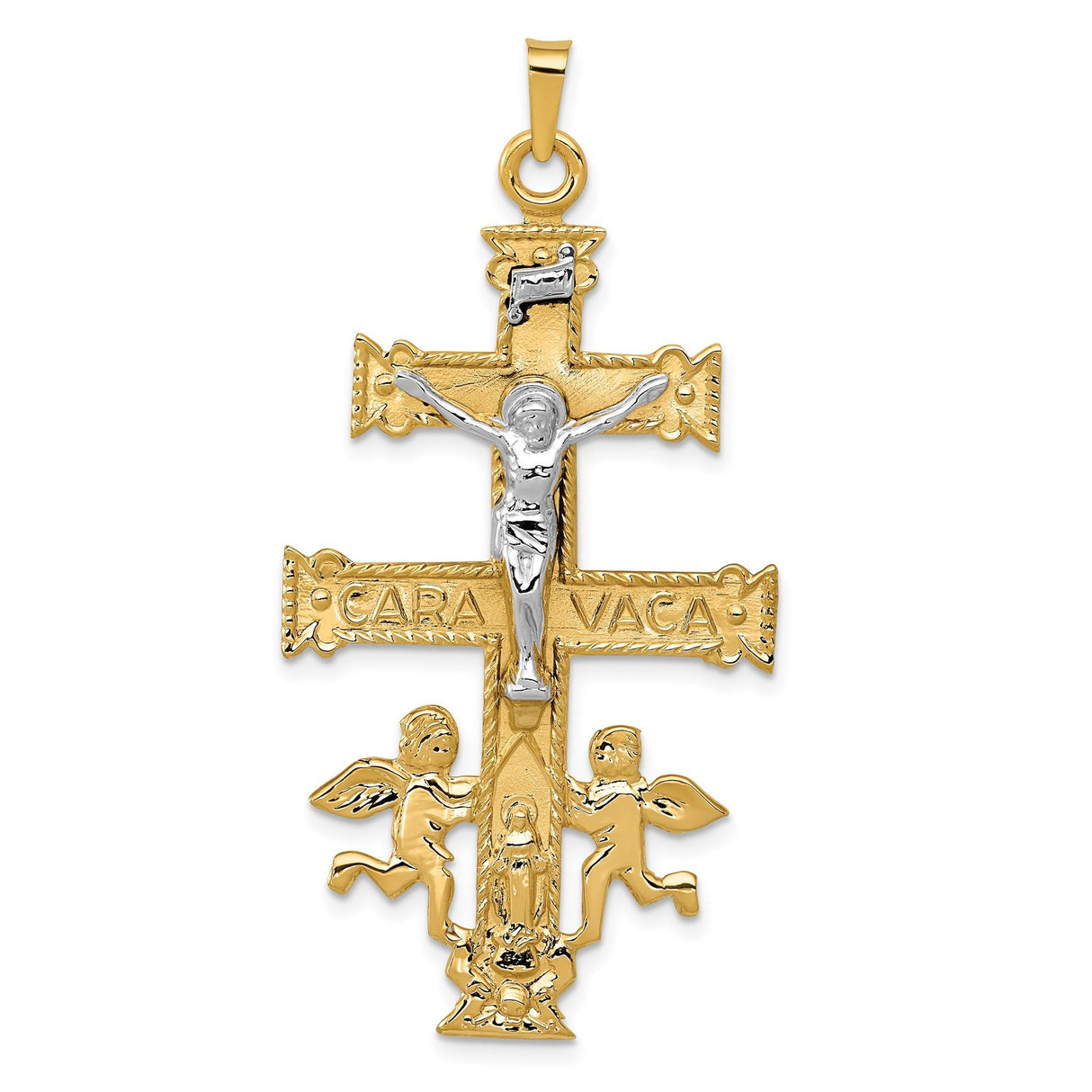 14k Multi-Tone Gold Caravaca Cross Pendant with Mary, Angels, and Fleur-de-Lis Design