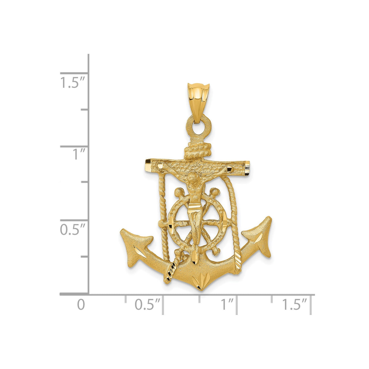14k Yellow Gold Anchor Cross Pendant with Nautical Rope and Helm Design
