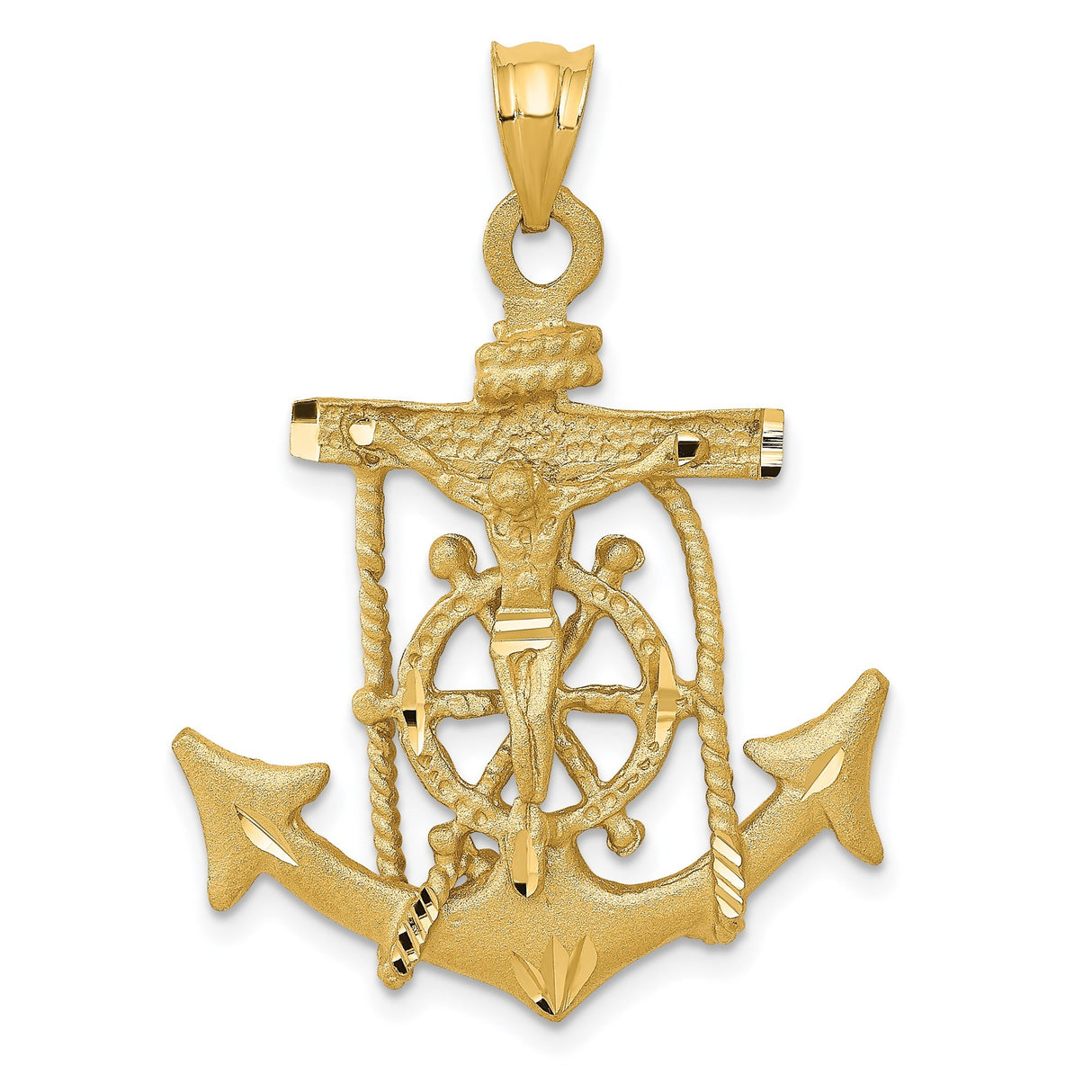 14k Yellow Gold Anchor Cross Pendant with Nautical Rope and Helm Design