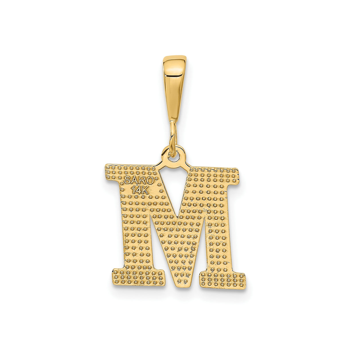 14k Yellow Gold Letter M Pendant, Textured Diamond Cut Alphabet Charm for Women or Unisex Wear