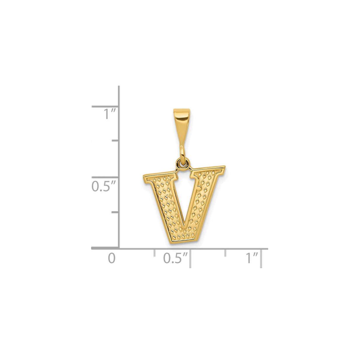 14k Yellow Gold Letter V Pendant, Textured Diamond Cut Block Initial Charm, Unisex Alphabet Jewelry