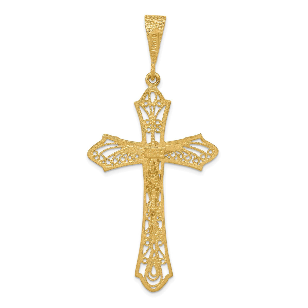 14k Yellow Gold Crucifix Pendant with Satin Finish and Filigree Detail