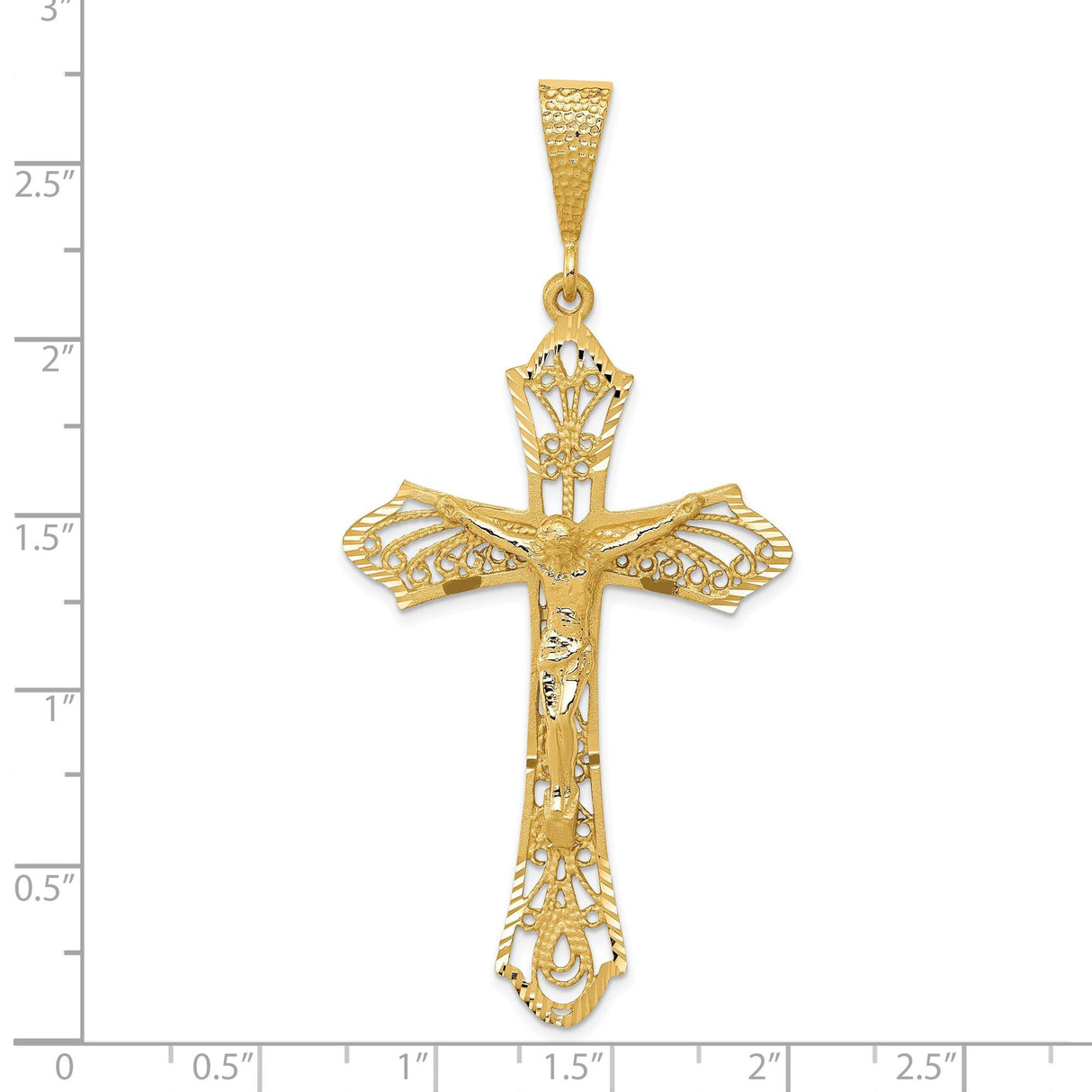 14k Yellow Gold Crucifix Pendant with Satin Finish and Filigree Detail