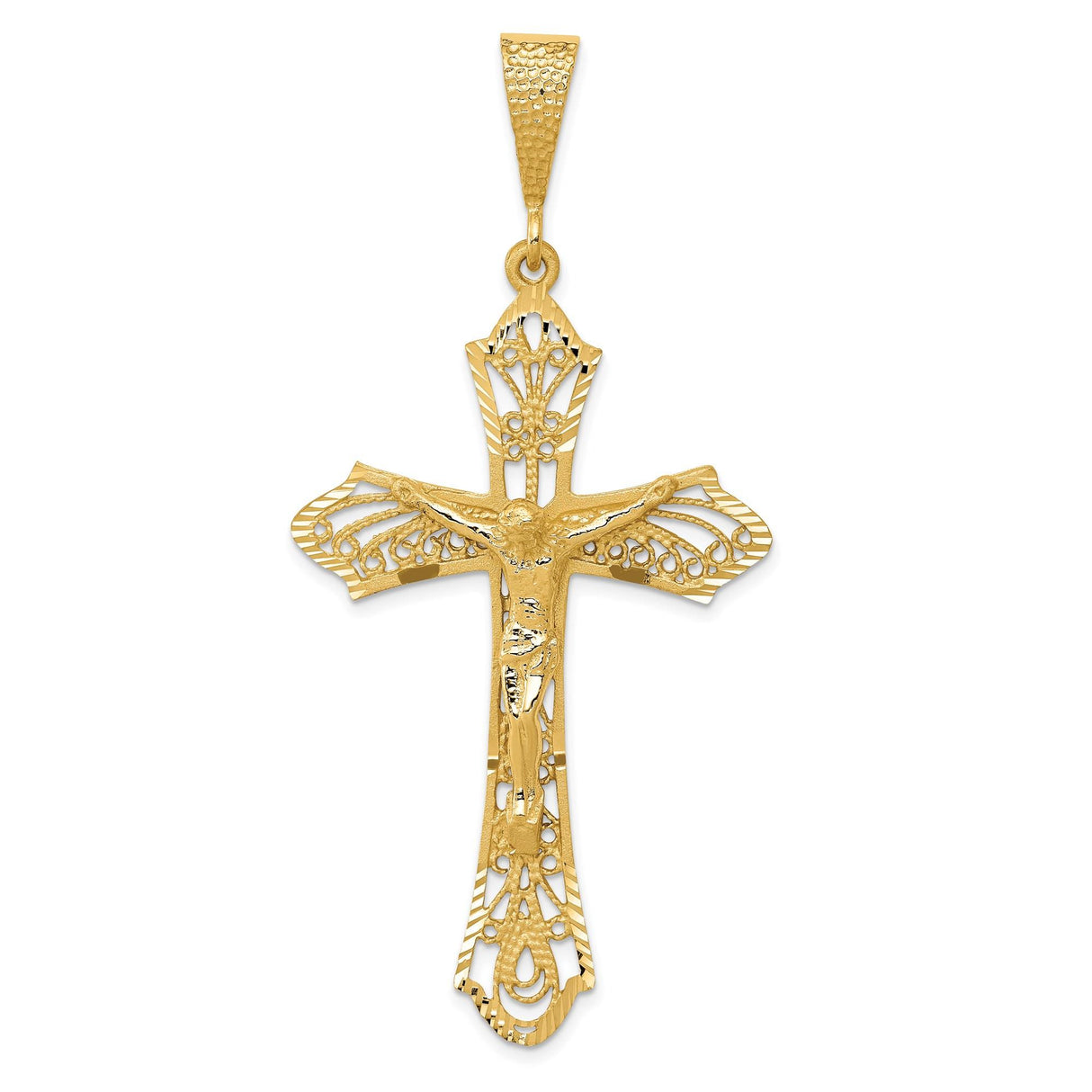 14k Yellow Gold Crucifix Pendant with Satin Finish and Filigree Detail