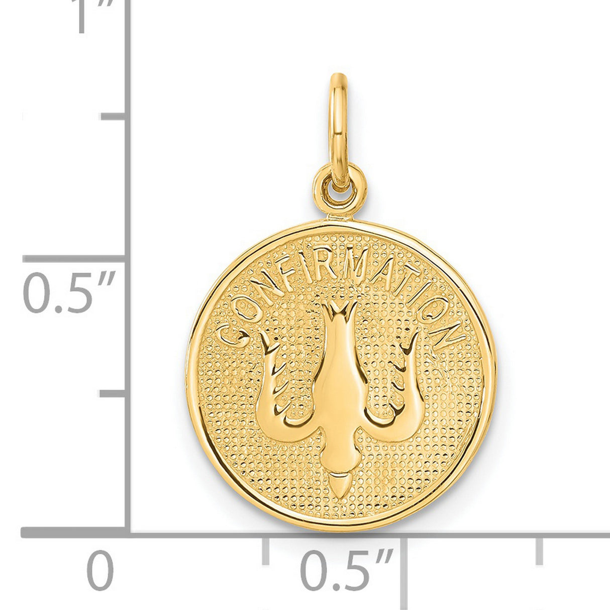 Confirmation Word and Holy Spirit Dove on Round Medal Charm Pendant in Real 14k Yellow Gold