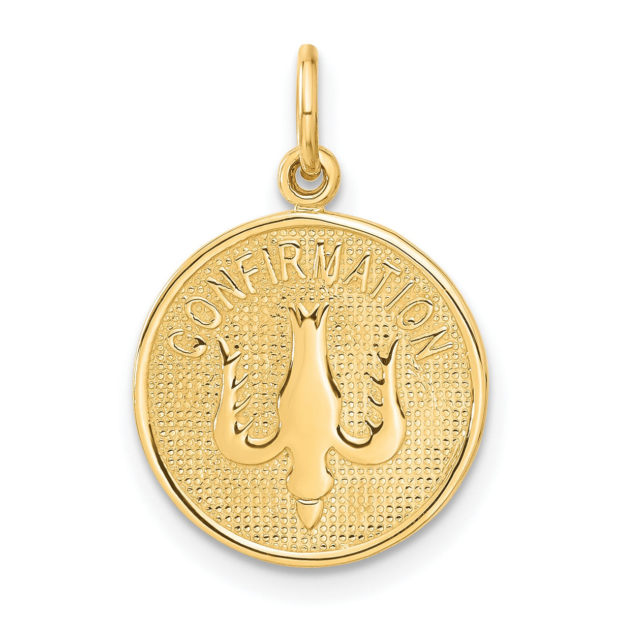 Confirmation Word and Holy Spirit Dove on Round Medal Charm Pendant in Real 14k Yellow Gold