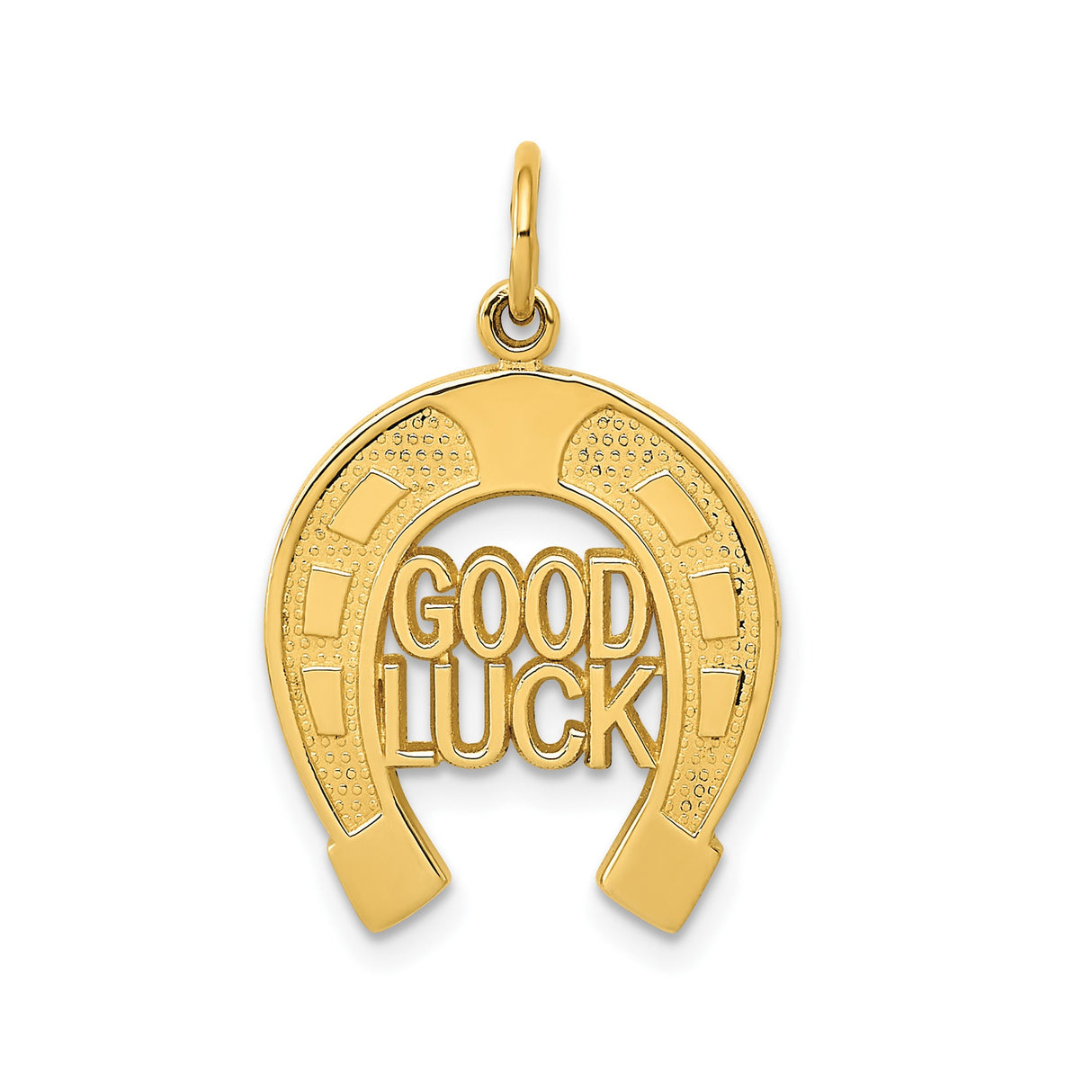 14k Yellow Gold Horseshoe Pendant with Good Luck Text, Unisex Equestrian Charm