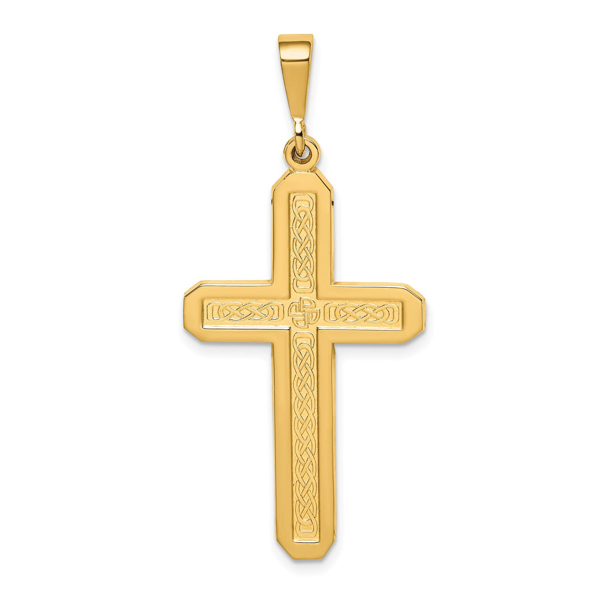 14k Yellow Gold Cross Pendant with Polished Finish and Celtic Knot Detail