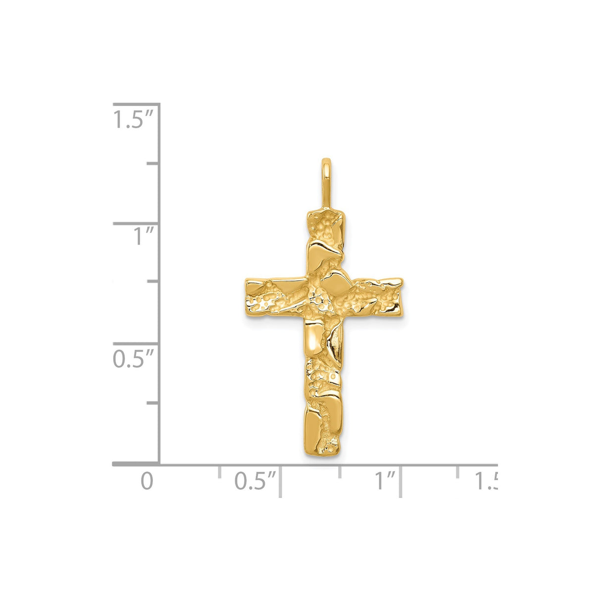 14k Yellow Gold Sculptural Cross Pendant with Bark Texture and Polished Finish