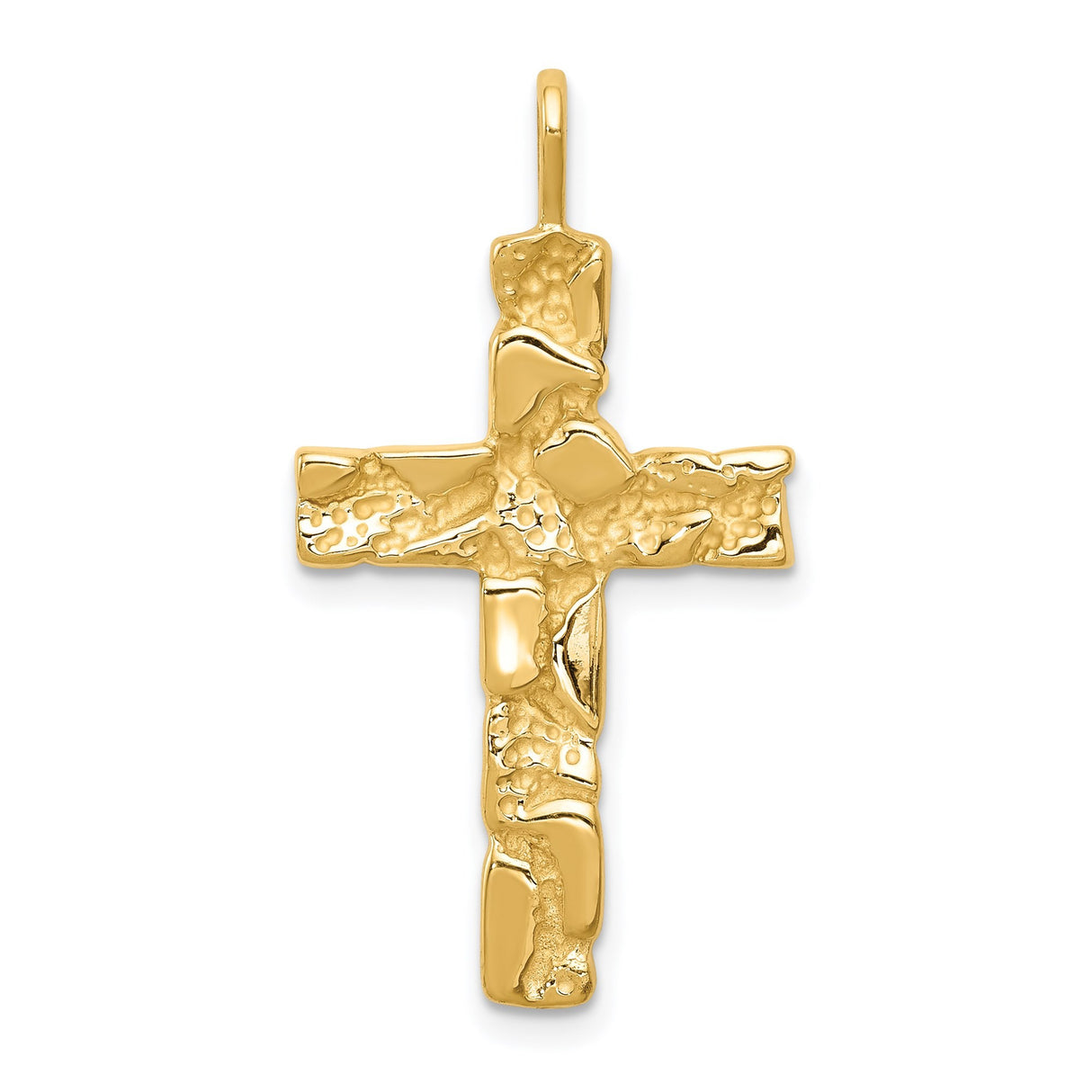 14k Yellow Gold Sculptural Cross Pendant with Bark Texture and Polished Finish