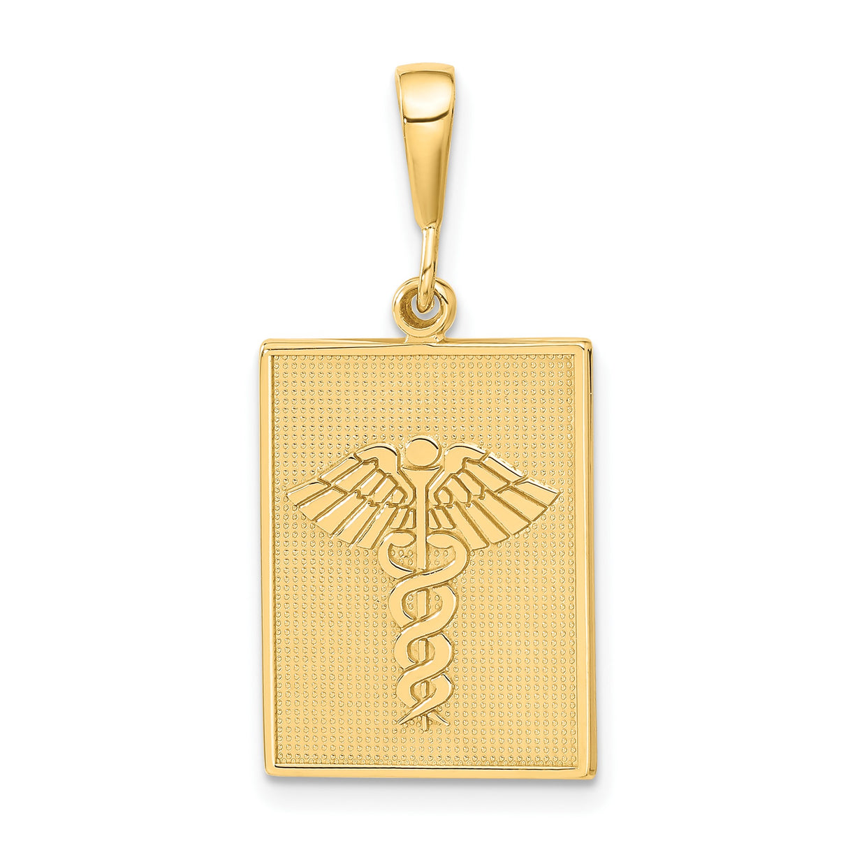 14k Yellow Gold Caduceus Pendant, Rectangular Medical Symbol with Snake and Wings