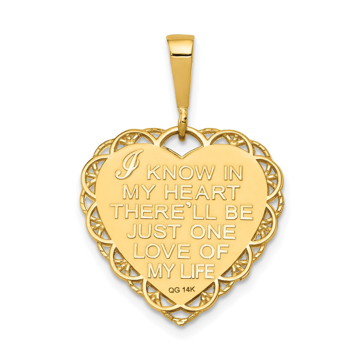 14k Yellow Gold Heart Shaped Pendant with Filigree Edges, Floral Motif, I Love You Message