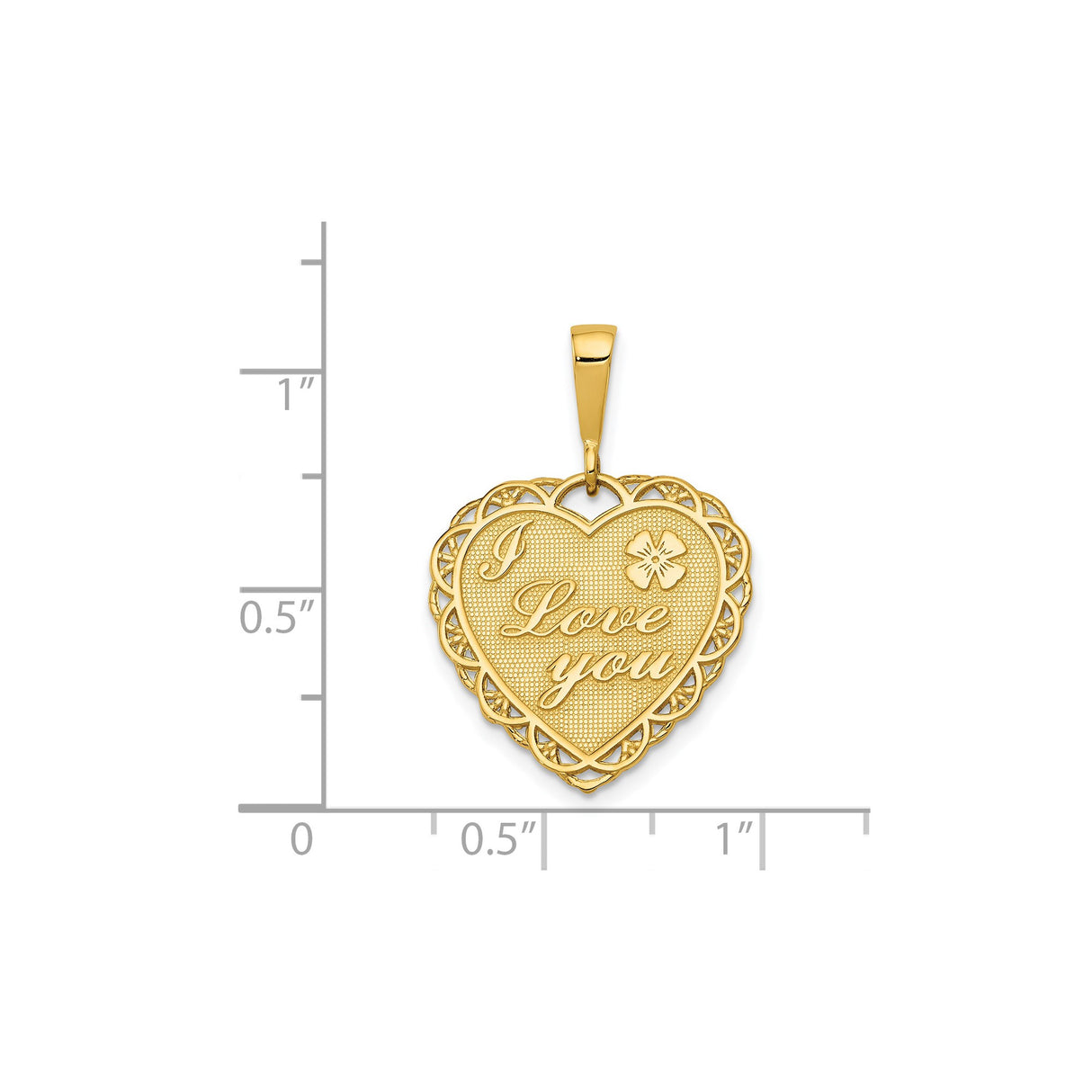 14k Yellow Gold Heart Shaped Pendant with Filigree Edges, Floral Motif, I Love You Message