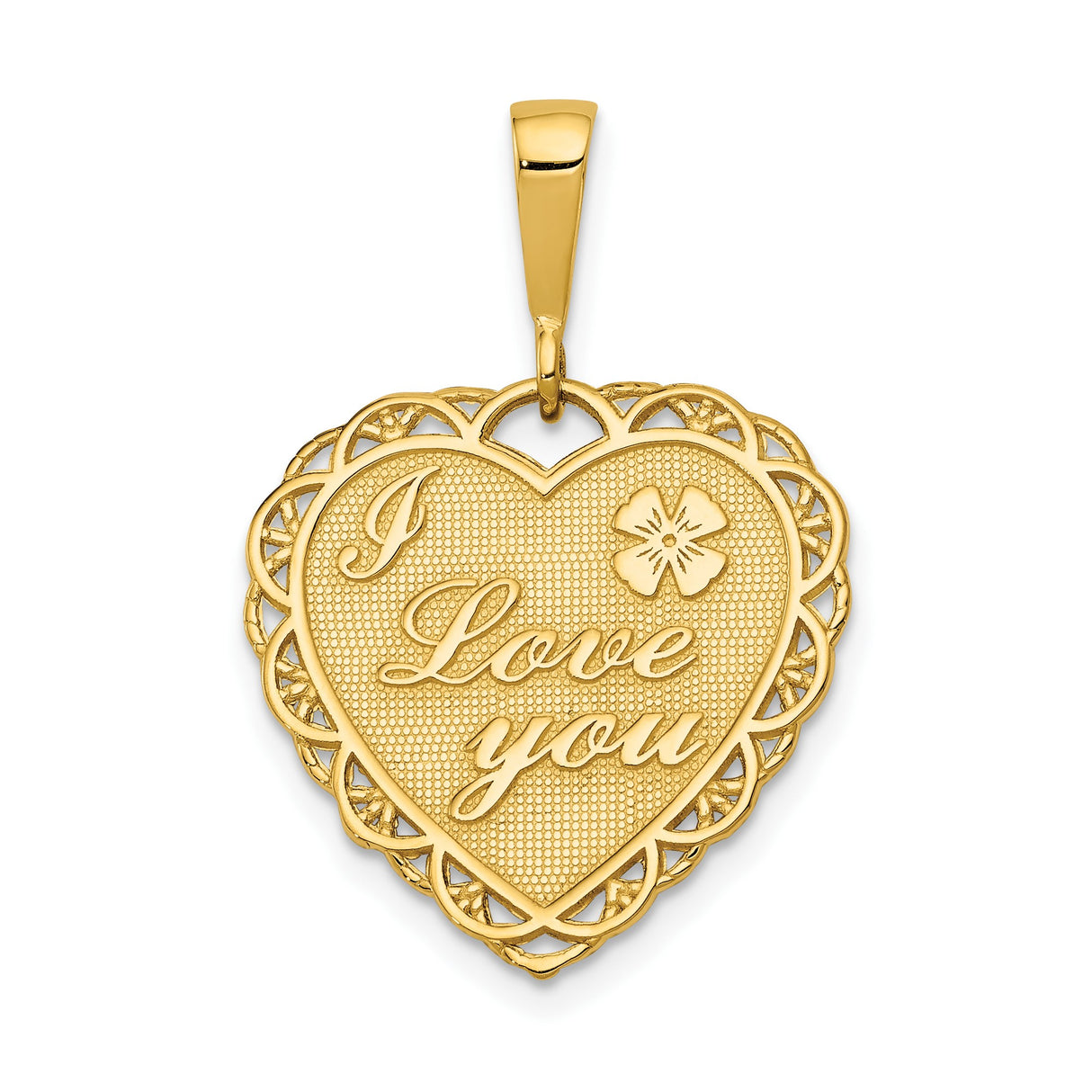 14k Yellow Gold Heart Shaped Pendant with Filigree Edges, Floral Motif, I Love You Message