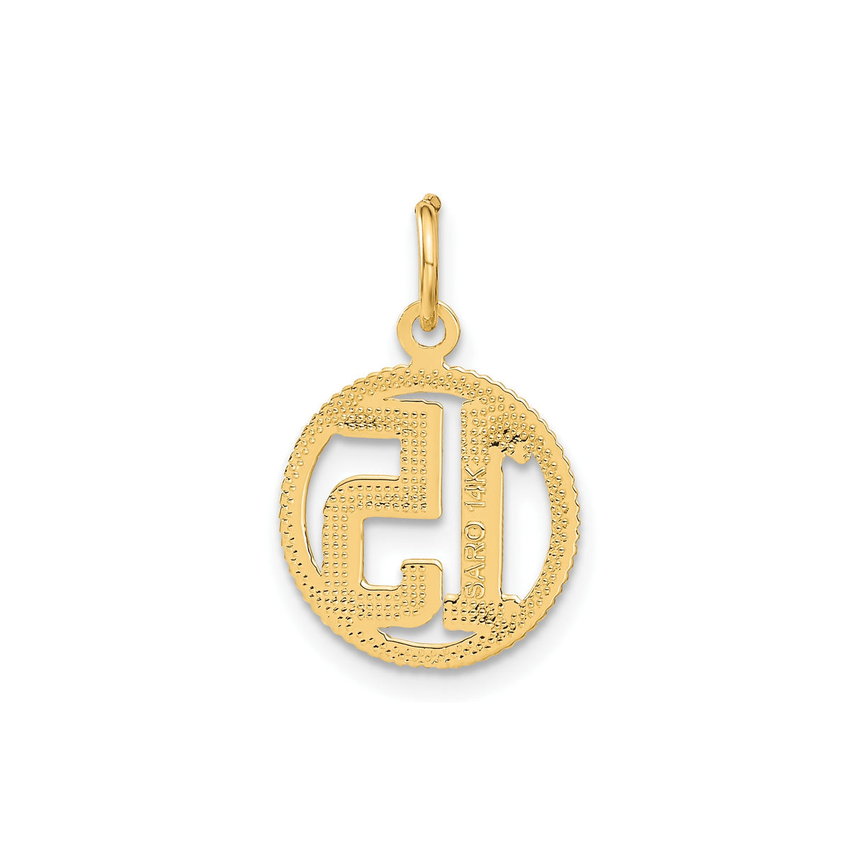 14k Yellow Gold Pendant Charm with Textured Circle Frame and Polished Number 15 Design