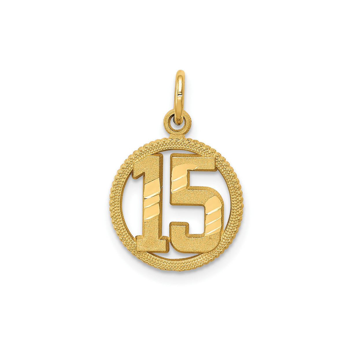 14k Yellow Gold Pendant Charm with Textured Circle Frame and Polished Number 15 Design