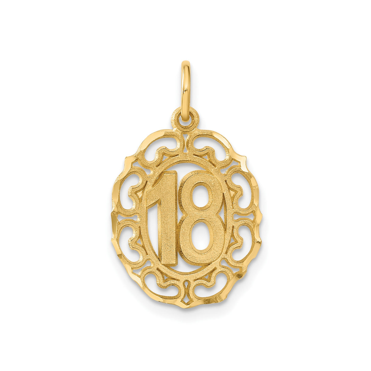 14k Yellow Gold 18 Pendant with Ornate Filigree Border, Oval Milestone Charm for Women