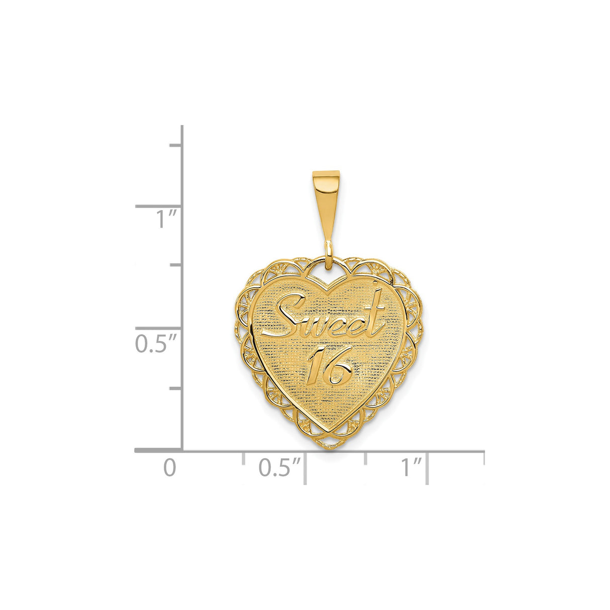 14k Yellow Gold Heart Pendant with Sweet 16 Engraving and Filigree Border Design