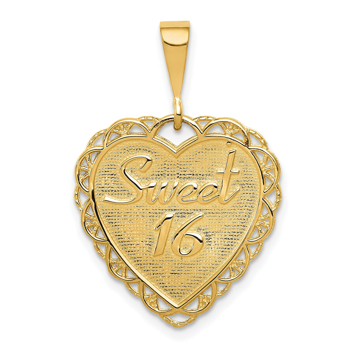14k Yellow Gold Heart Pendant with Sweet 16 Engraving and Filigree Border Design