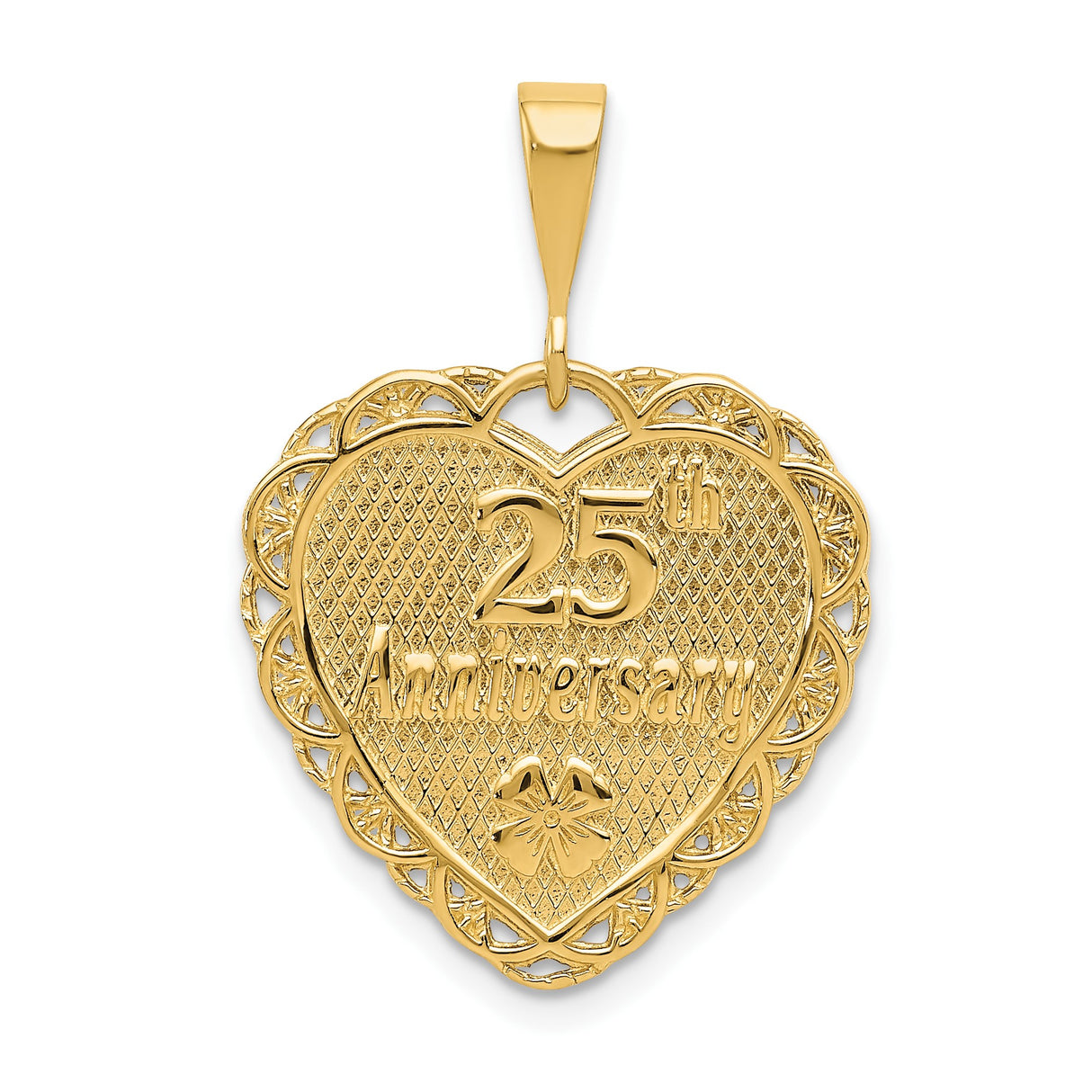 14k Yellow Gold Heart Pendant with 25th Anniversary Engraving and Floral Lattice Design