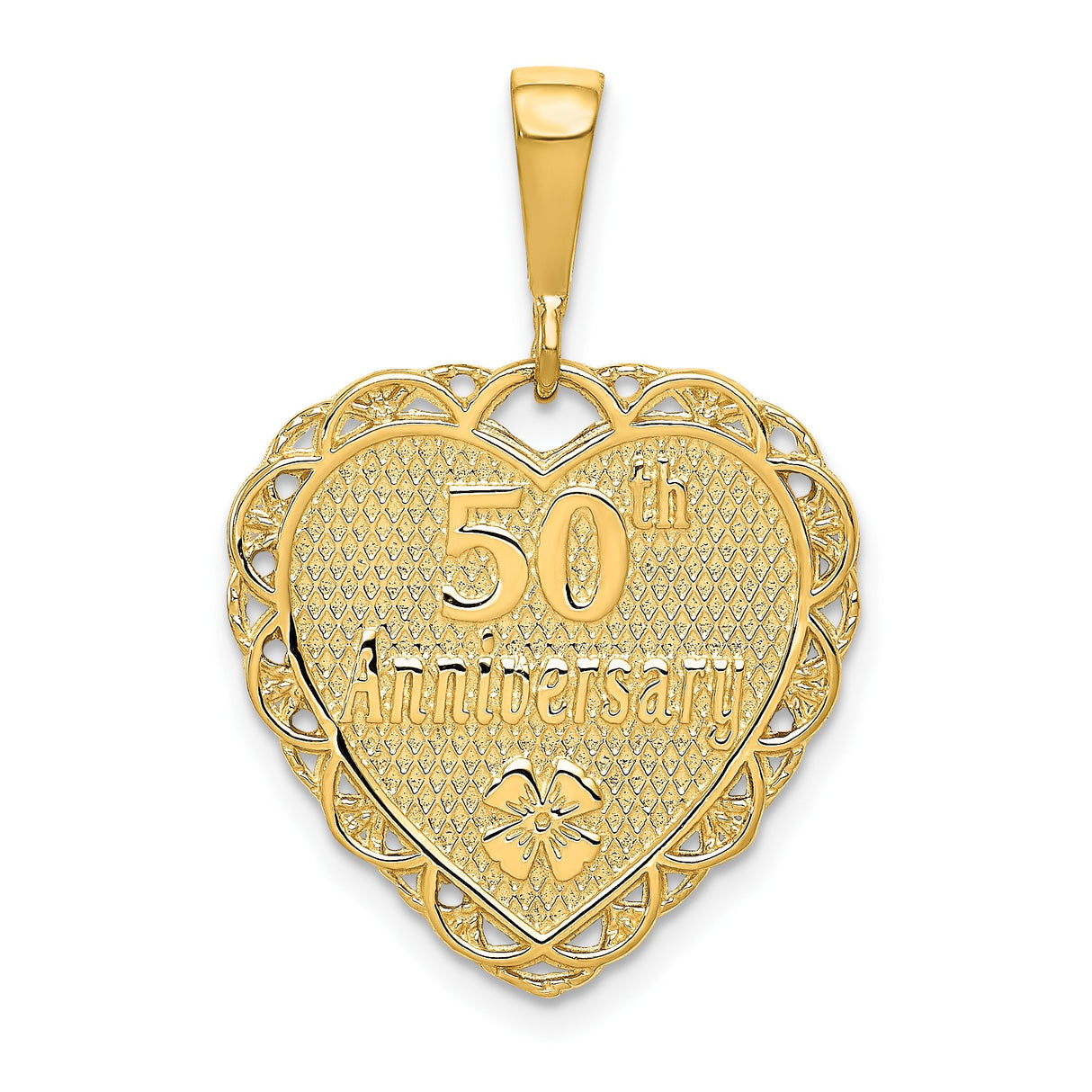 14k Yellow Gold Heart Pendant with 50th Anniversary Engraving and Floral Filigree Design
