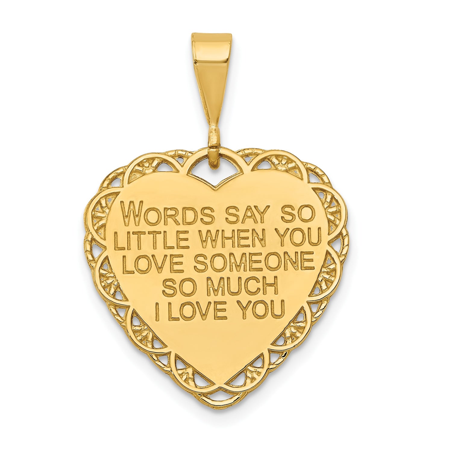 14k Yellow Gold Heart Pendant with Script Mom Engraving, Textured Background and Filigree Border