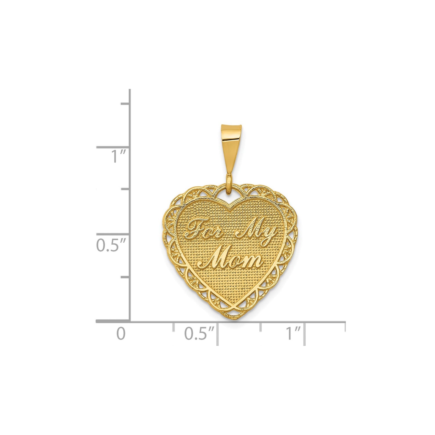 14k Yellow Gold Heart Pendant with Script Mom Engraving, Textured Background and Filigree Border