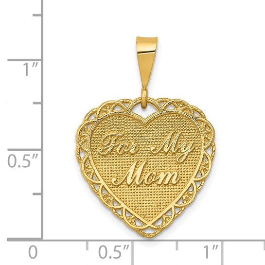14k Yellow Gold Heart Pendant with Script Mom Engraving, Textured Background and Filigree Border
