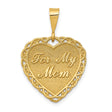 14k Yellow Gold Heart Pendant with Script Mom Engraving, Textured Background and Filigree Border
