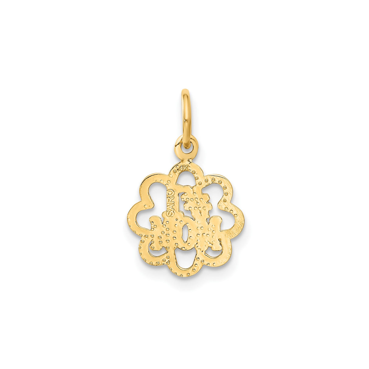 14k Yellow Gold Mom Pendant Charm with Flower Cutout Design and Textured Edges