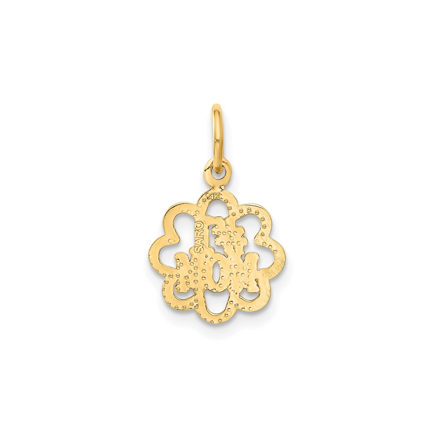 14k Yellow Gold Mom Pendant Charm with Flower Cutout Design and Textured Edges