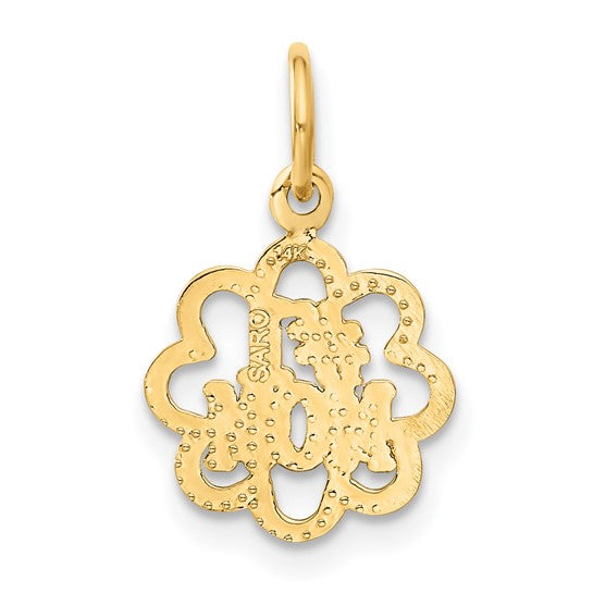 14k Yellow Gold Mom Pendant Charm with Flower Cutout Design and Textured Edges