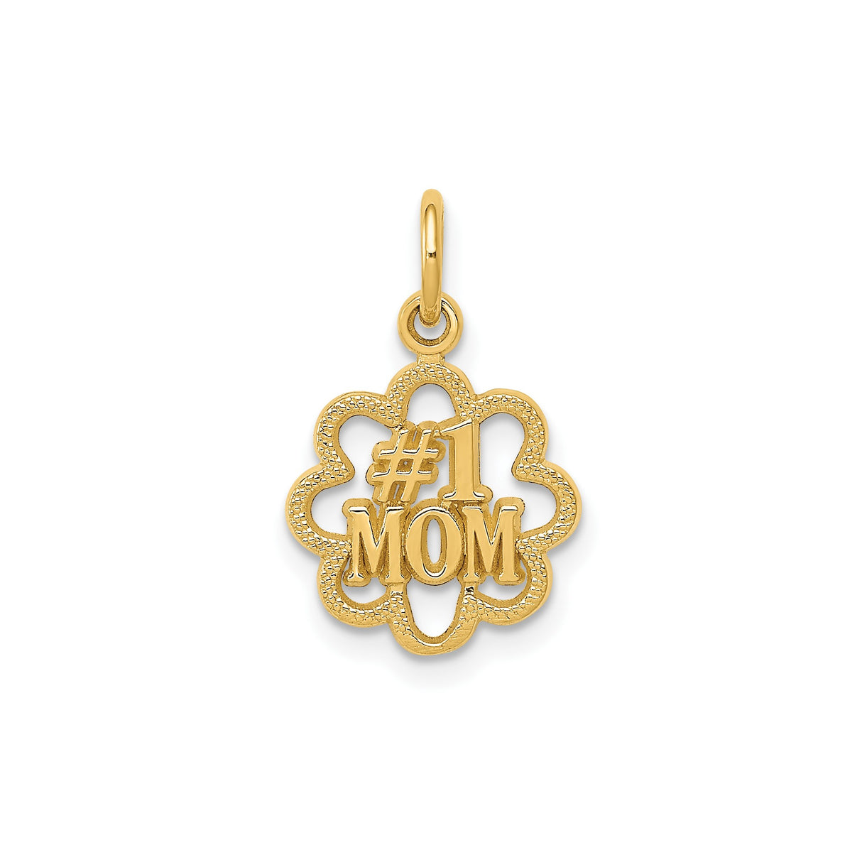 14k Yellow Gold Mom Pendant Charm with Flower Cutout Design and Textured Edges