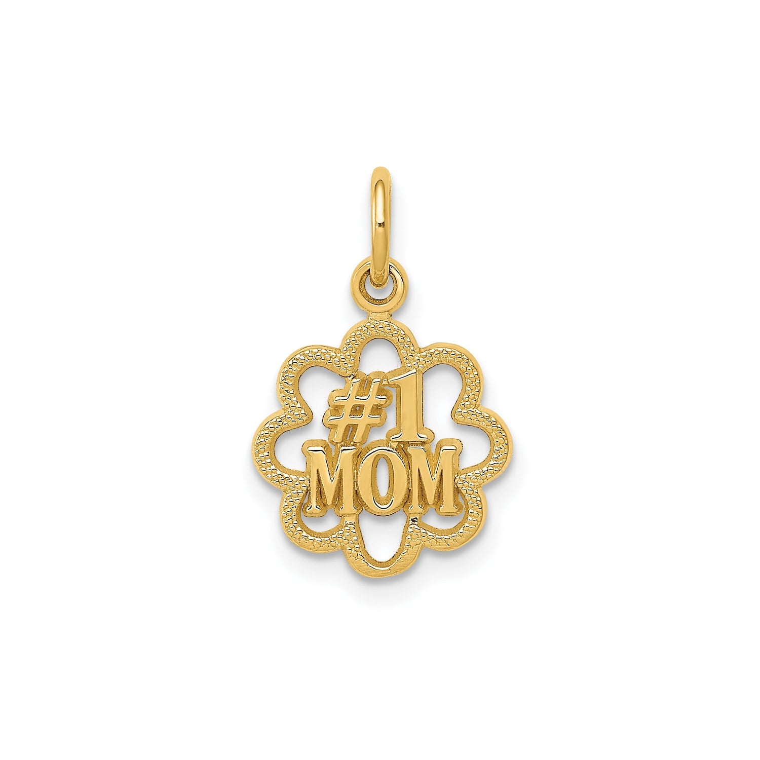 14k Yellow Gold Mom Pendant Charm with Flower Cutout Design and Textured Edges