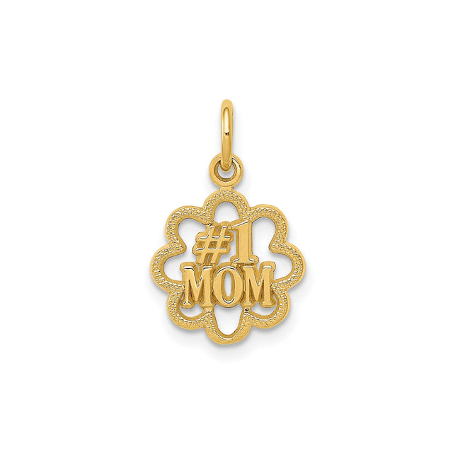 14k Yellow Gold Mom Pendant Charm with Flower Cutout Design and Textured Edges