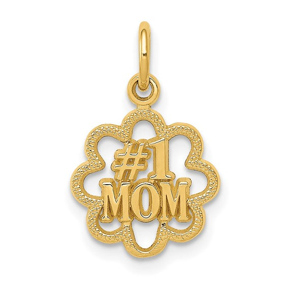 14k Yellow Gold Mom Pendant Charm with Flower Cutout Design and Textured Edges