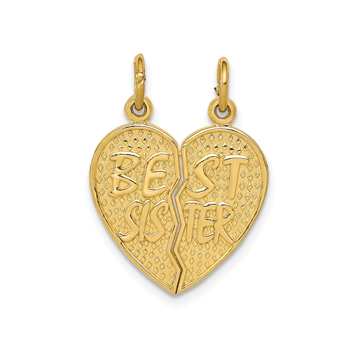 14k Yellow Gold Split Heart Pendant, Sister Message Friendship Charm, Two-Piece Design for Women or Girls