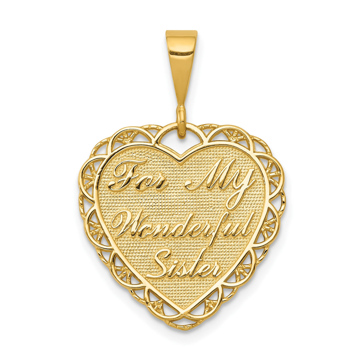 14k Yellow Gold Heart Pendant with Lace Design and Sister Message, Sentimental Jewelry