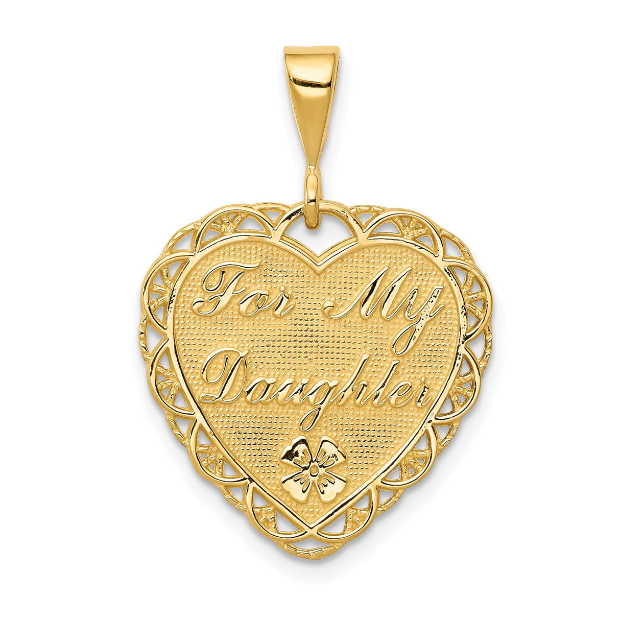 14k Yellow Gold Heart Pendant with Filigree Border and Flower Motif for Daughter