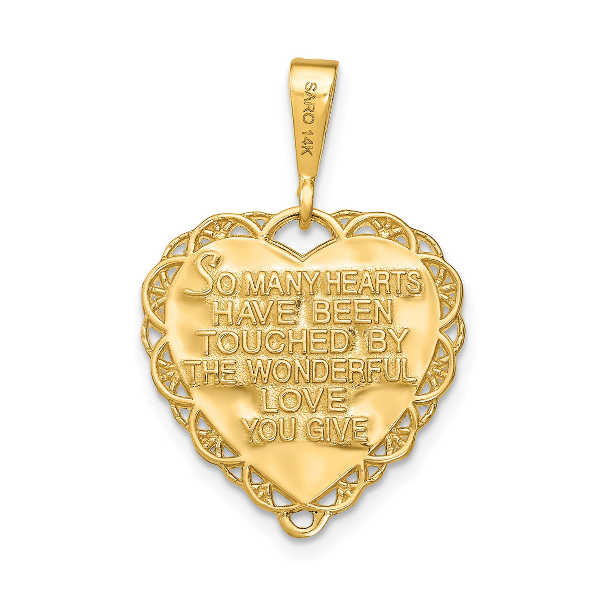 14k Yellow Gold Heart Pendant with Filigree Border and Grandma Message for Women