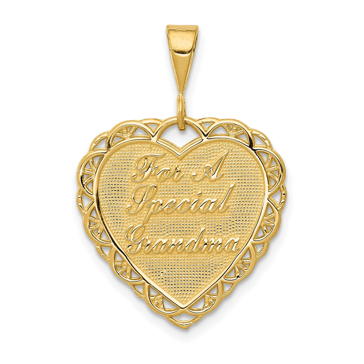 14k Yellow Gold Heart Pendant with Filigree Border and Grandma Message for Women