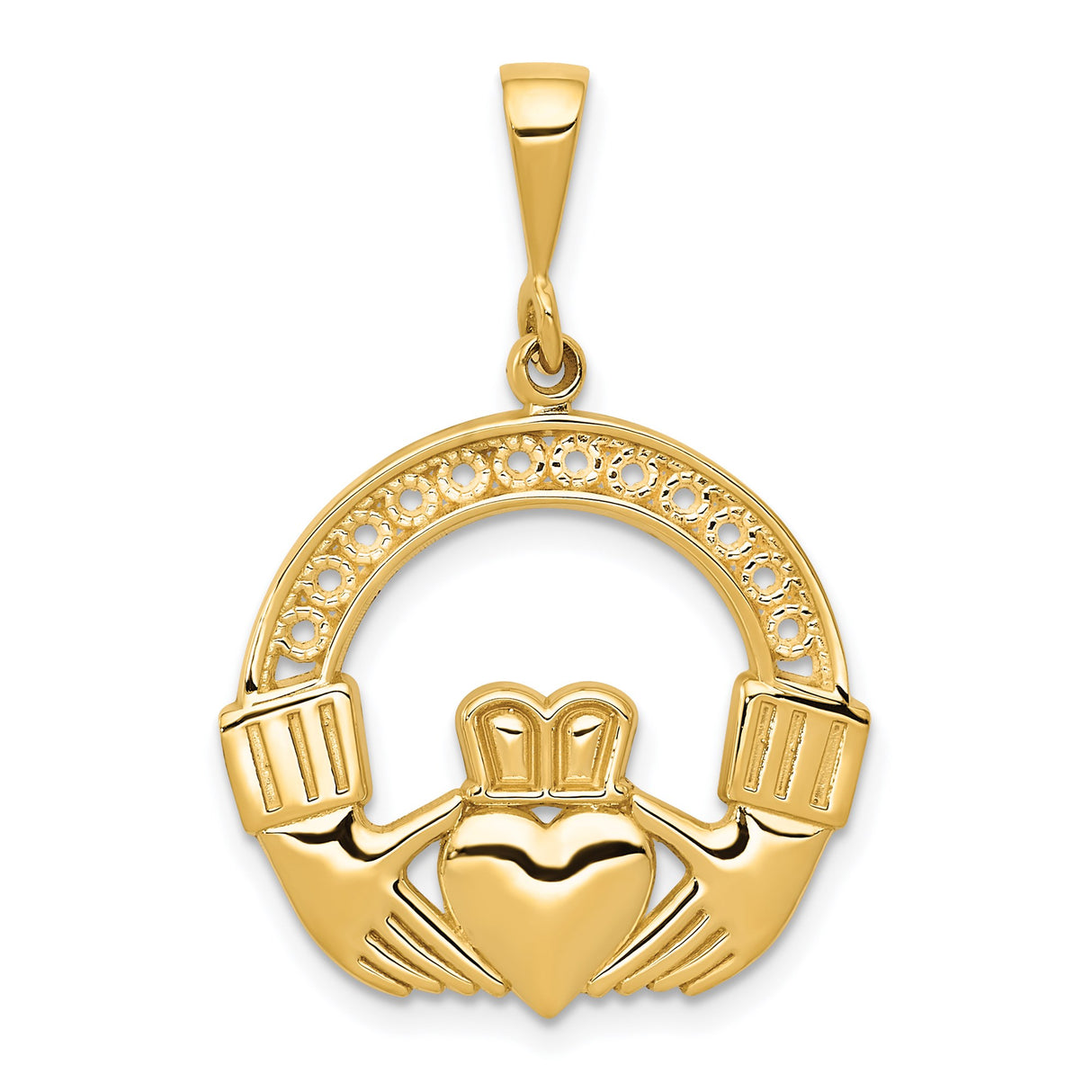 14k Yellow Gold Claddagh Pendant with Crowned Heart and Hands, Irish Celtic Symbol for Women