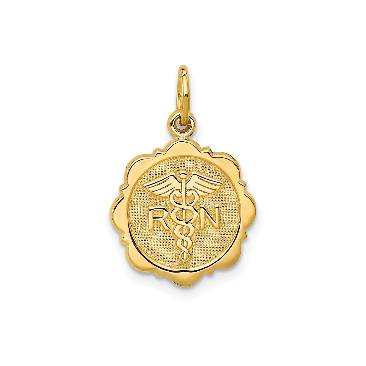 14k Yellow Gold RN Pendant with Caduceus Symbol, Solid Medical Charm for Nurses