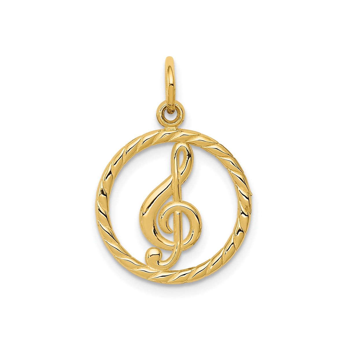 14k Yellow Gold Treble Clef Pendant with Twisted Rope Circle Frame, Music Note Charm