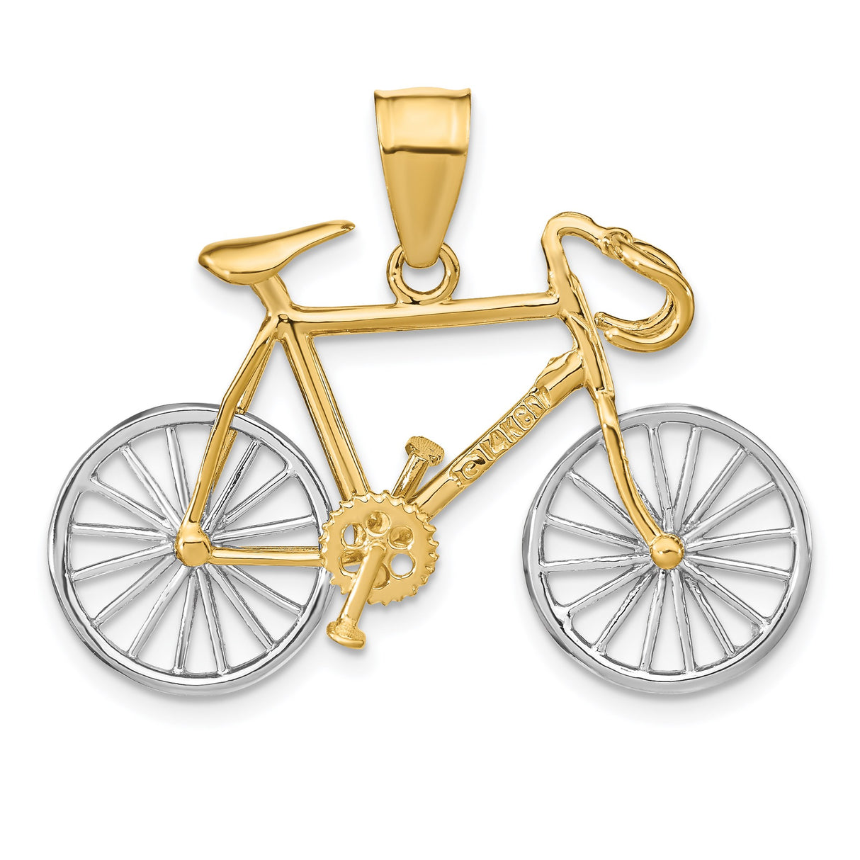 14k Two-Tone Gold Bicycle Pendant, Road Bike Charm with Yellow and White Gold Details