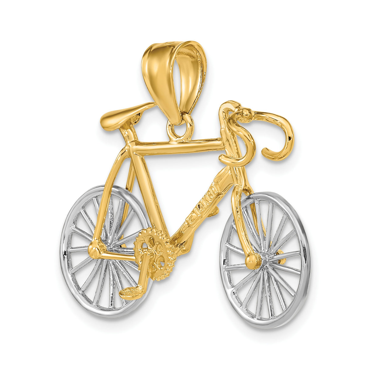 14k Two-Tone Gold Bicycle Pendant, Road Bike Charm with Yellow and White Gold Details