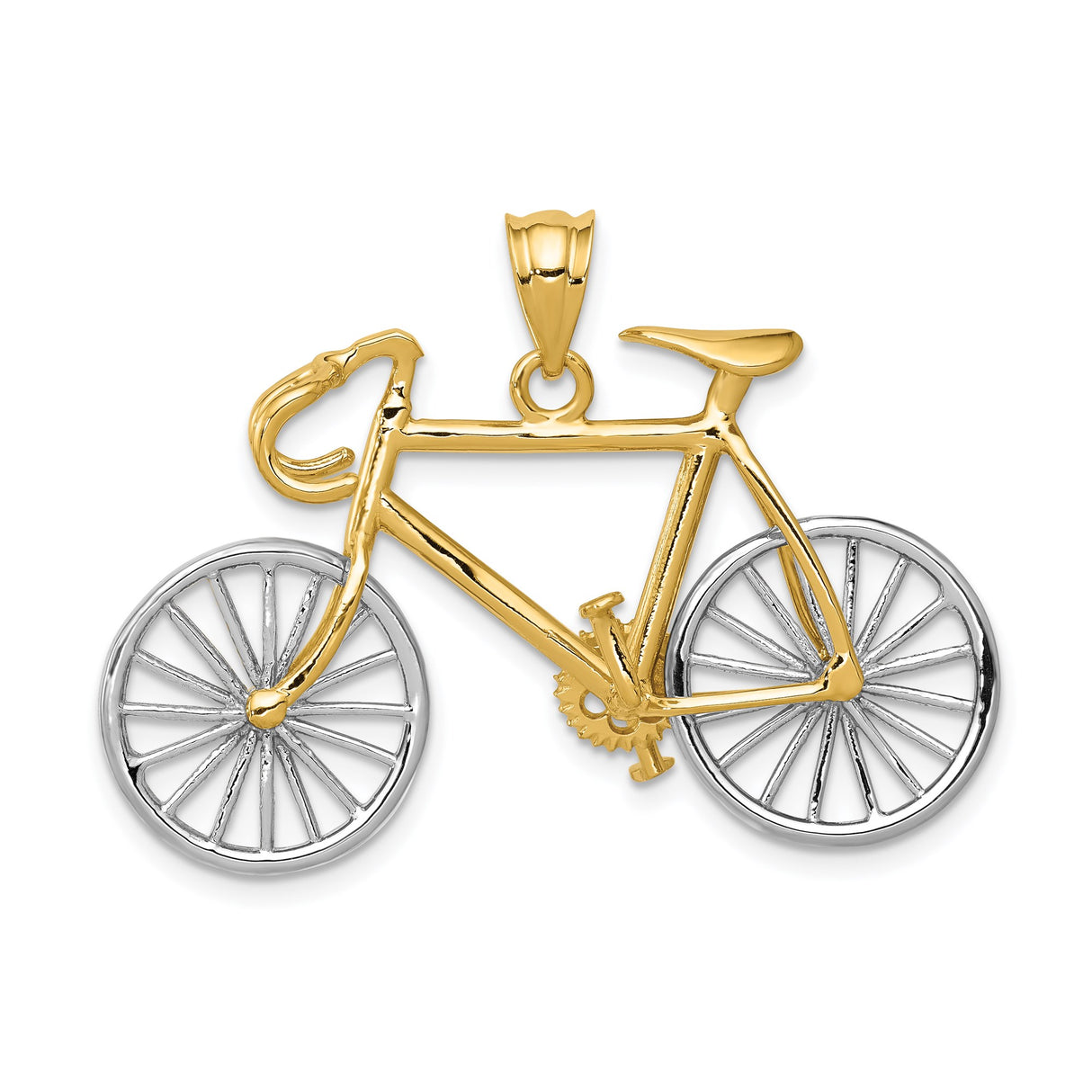 14k Two-Tone Gold Bicycle Pendant, Road Bike Charm with Yellow and White Gold Details