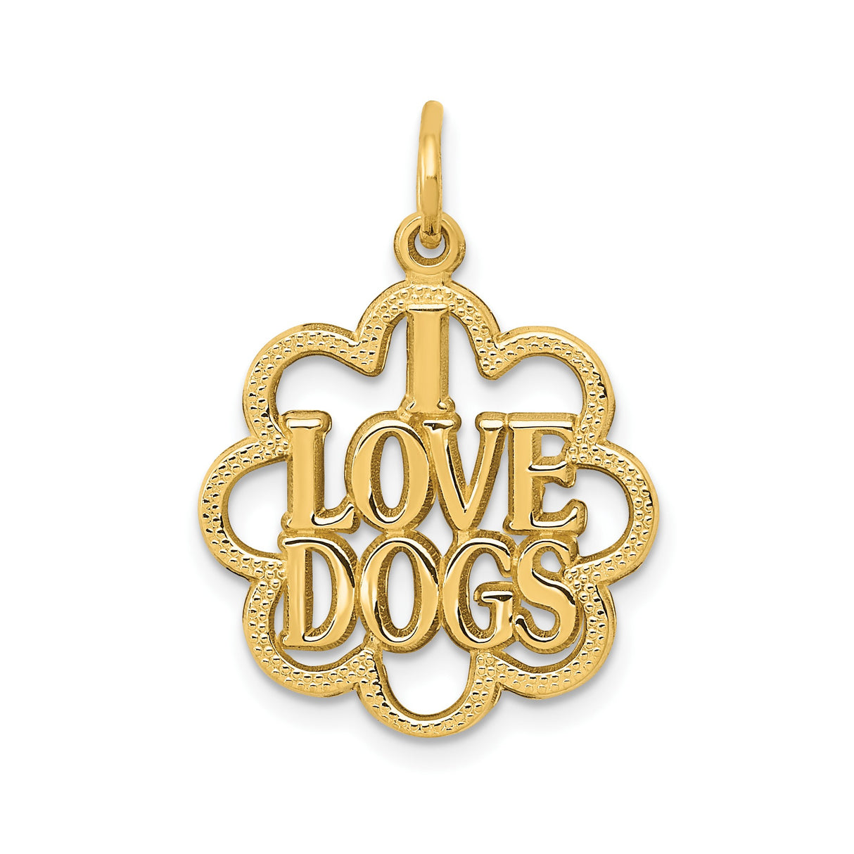 14k Yellow Gold Dog Pendant with Open Flower Outline, I Love Dogs Charm for Pet Lovers