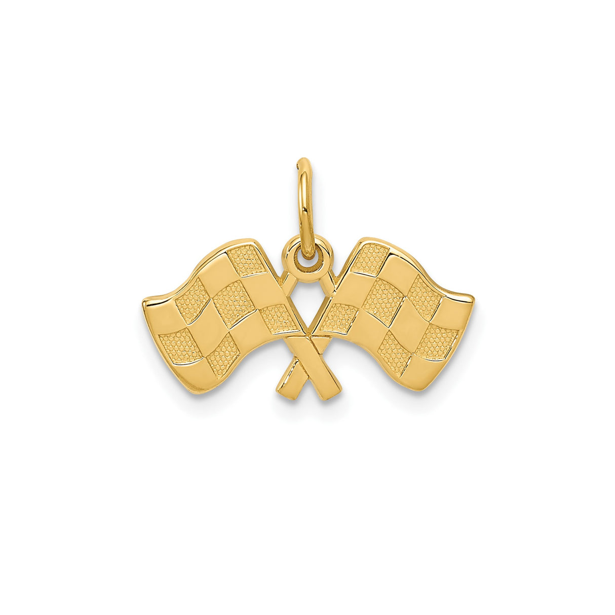 14k Yellow Gold Racing Flags Pendant with Crossed Checkered Flag Design for Motorsport Fans